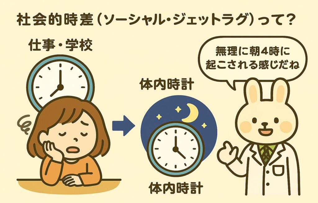 「社会的時差（ソーシャル・ジェットラグ）って？」というタイトルの下、すずちゃんがぐったりと机に伏せている様子。背後には“仕事・学校”を象徴する朝7時の時計があり、横には“体内時計”を示す夜1時の時計（星と月の背景）が描かれている。みどりん（ウサギの先生）が「無理に朝4時に起こされる感じだね」と吹き出しで解説している。
